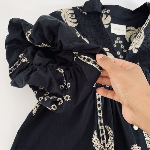 Umgee Dress Palm Tree Embroidered S Black Puff Sleeve Smocked Boho Resortwear - Picture 6 of 10